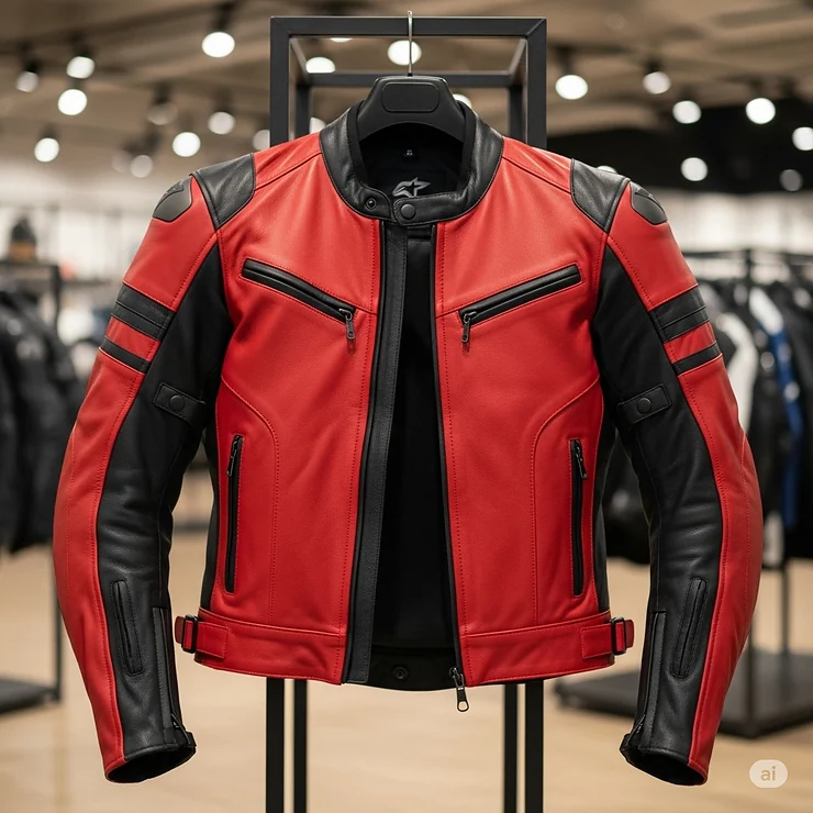 The red and black motorcycle jacket hanging on a display, showing its overall shape and cut.