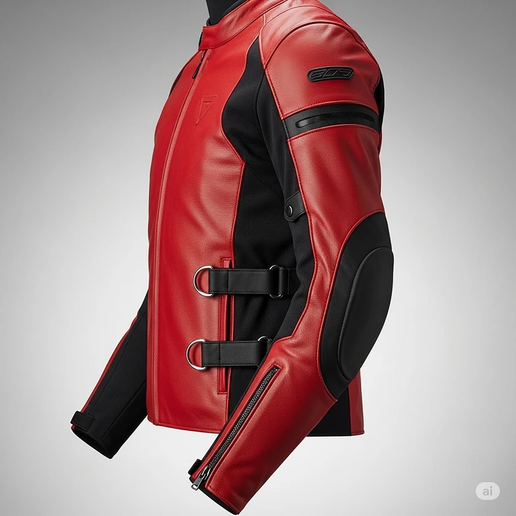 Side profile of the durable red and black motorcycle jacket, showing the sleeves and waist adjusters.