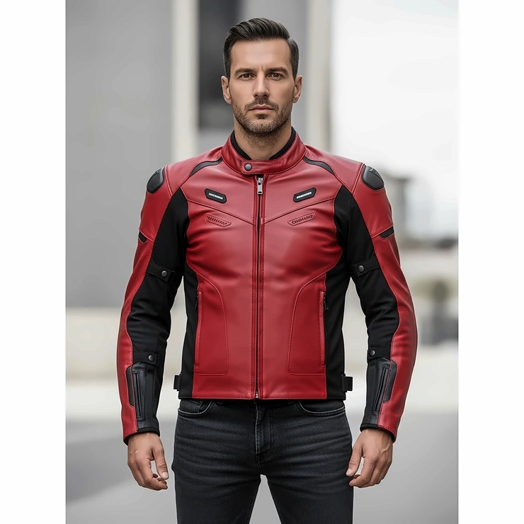 A sleek, high-quality red and black motorcycle jacket with armored padding on a male model.