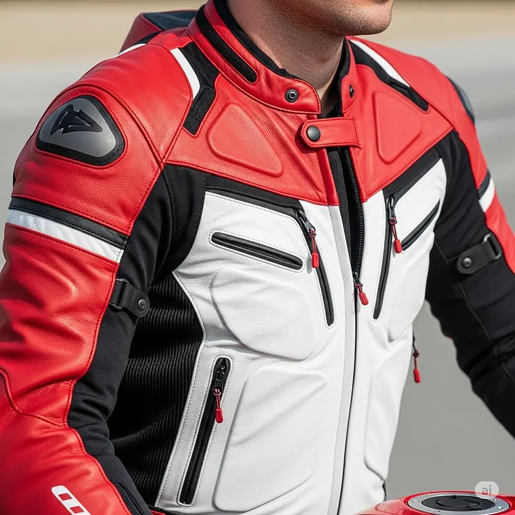 A close-up shot of a rider wearing a high-quality, sporty red and white motorcycle jacket with leather and textile panels, showcasing the jacket's design and protective features.