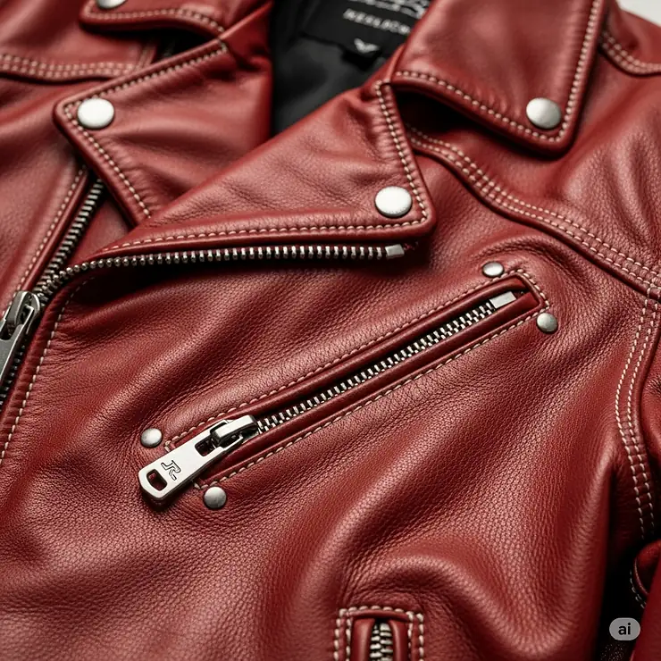 Close-up shot of the detailed texture of a red leather motorcycle jacket, showing the stitching and hardware.