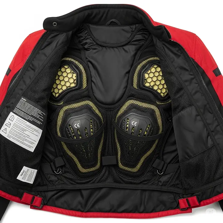 An image showing the interior padding and armor of a high-quality red motorcycle jacket, emphasizing its protective features.