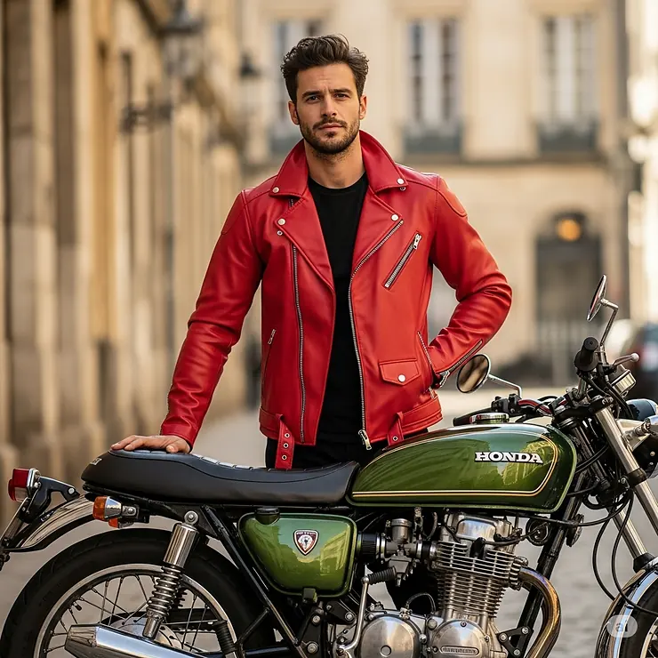 A stylish man wearing a classic red motorcycle jacket with a black t-shirt, standing next to a vintage motorcycle.