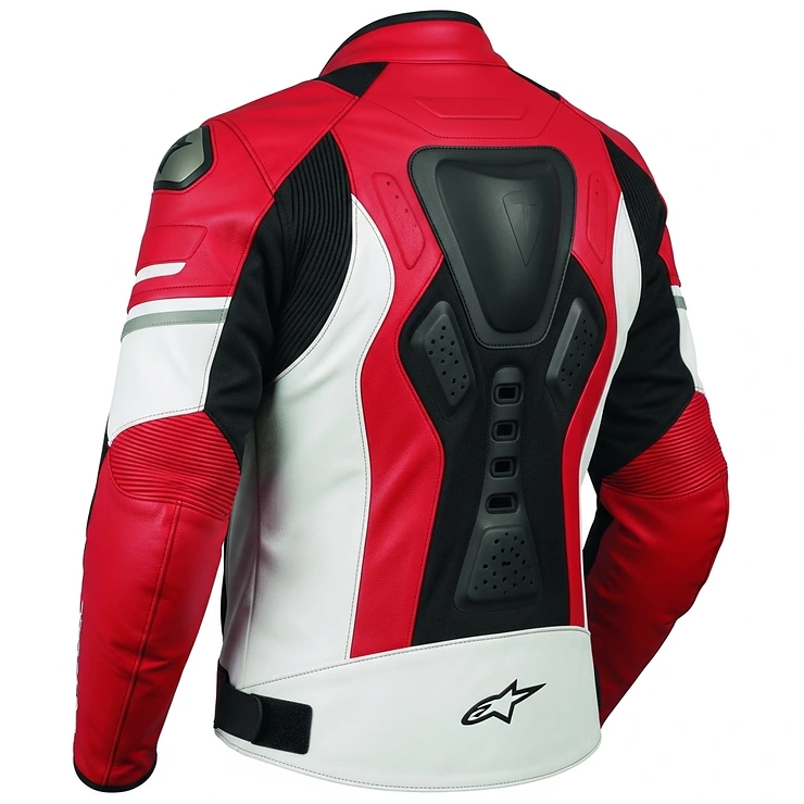 The back view of a red and white motorcycle jacket, highlighting the ergonomic fit and protective armor placement.
