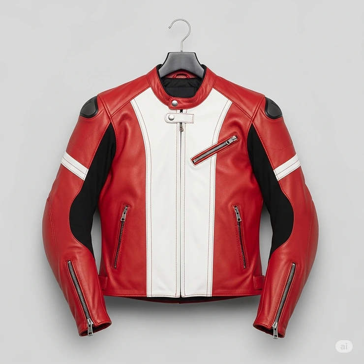 A clean studio shot of a red and white motorcycle jacket hanging on a hanger, focusing on the overall shape and structure.