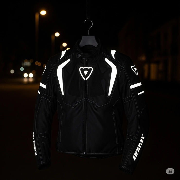 A street legal motorcycle jacket shown in low light, with reflective panels and logos glowing for increased nighttime visibility.