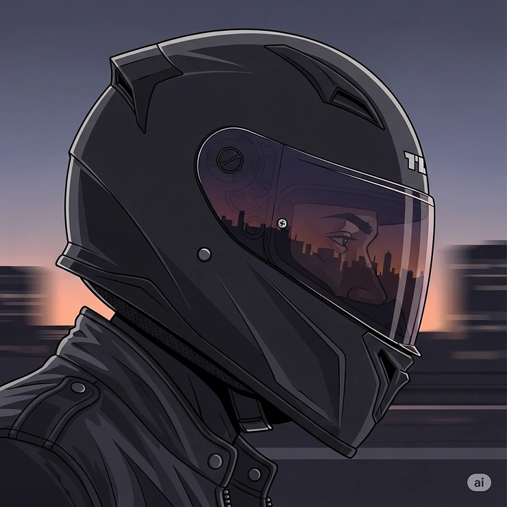 Profile illustration of a motorcyclist wearing a sleek, dark full-face helmet with a tinted visor, conveying the confidence and badass attitude of a rider on the road.