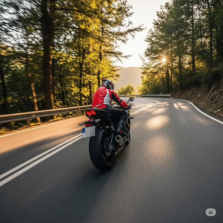 A dynamic shot of a motorcyclist wearing the red and white jacket while riding on a winding road.