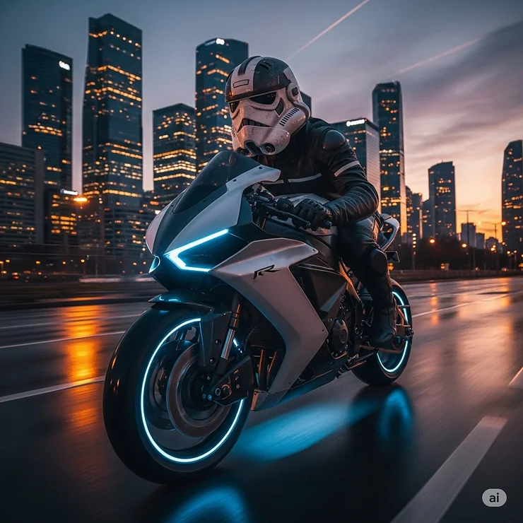 Motorcyclist wearing a highly detailed stormtrooper motorcycle helmet, riding a futuristic sportbike through a city at dusk.
