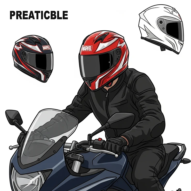 An illustration of a motorcyclist wearing a stylish Marvel motorcycle helmet while riding, demonstrating its practical use and how it looks on a rider.