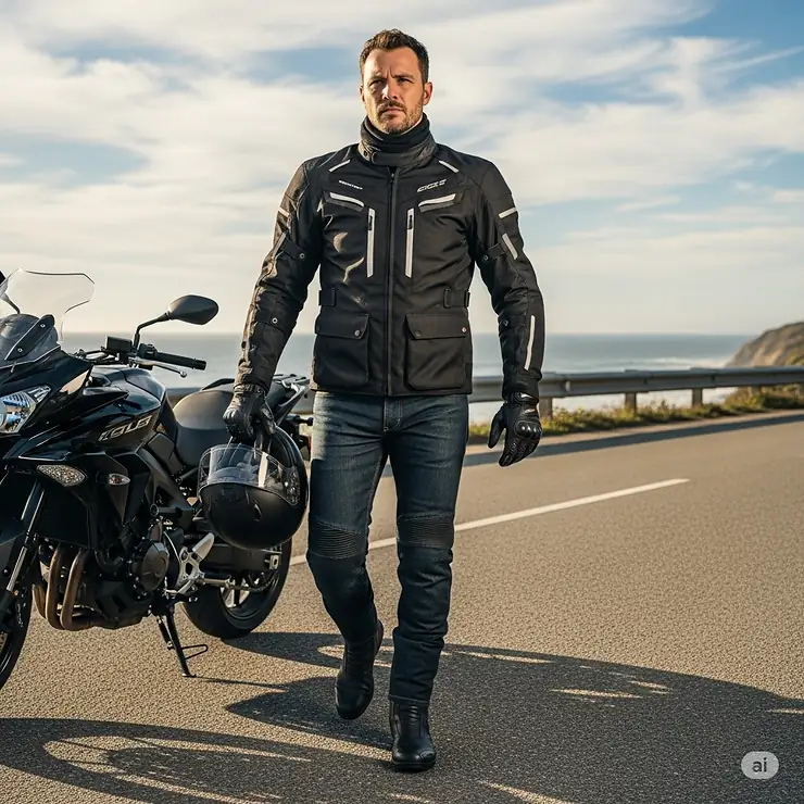 A rider confidently walking towards their motorcycle while wearing a fully equipped and well-fitting street legal motorcycle jacket.