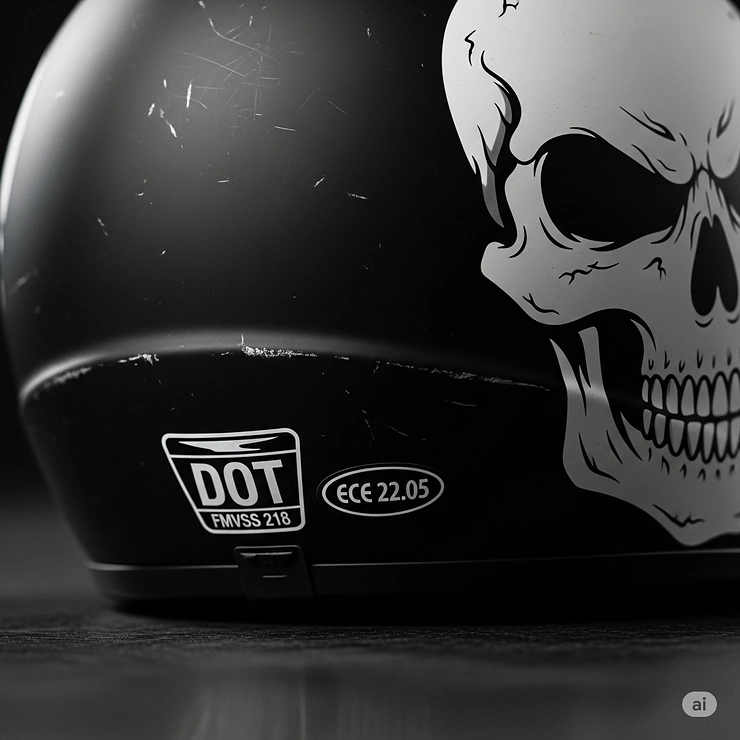 An image showing the DOT or ECE safety rating sticker on a skull motorcycle helmet, emphasizing its protective qualities.