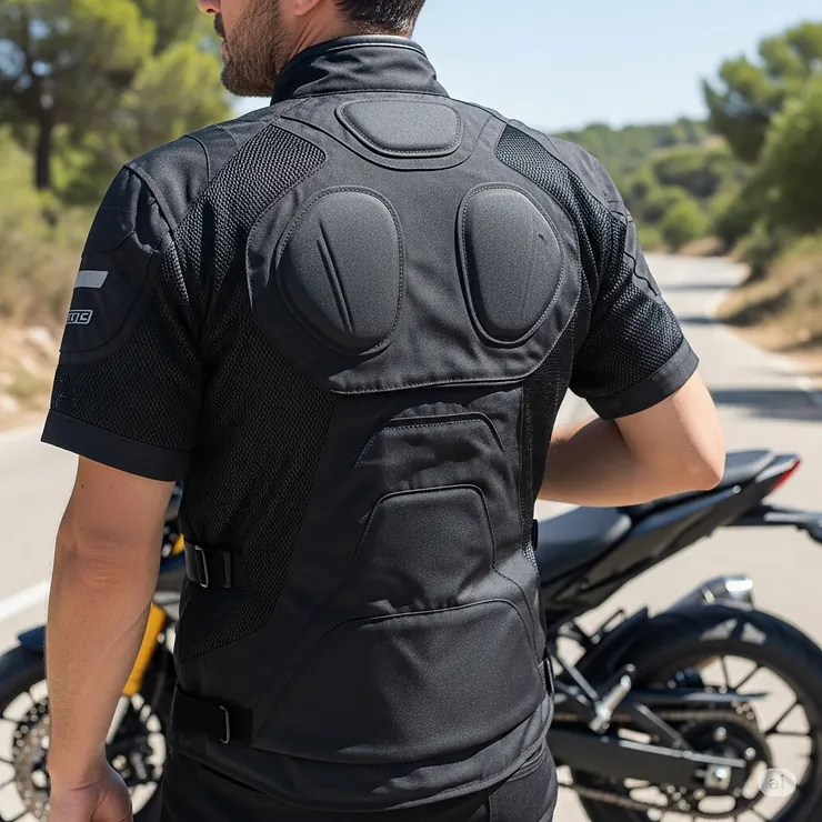A rear view of the same model wearing the short sleeve motorcycle jacket, highlighting the protective padding on the back and the breathable mesh panels.