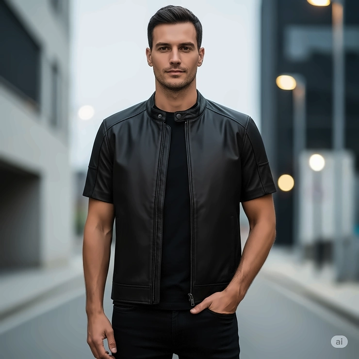 A front view of a man modeling a new short sleeve motorcycle jacket in a sleek, minimalist style. This jacket offers excellent airflow while providing essential protection.