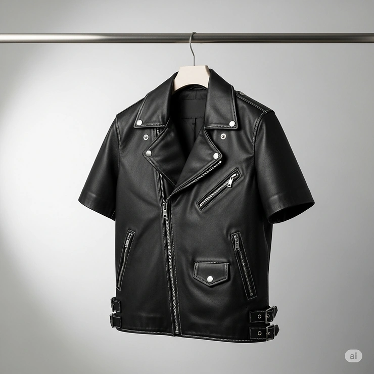 A studio shot of a short sleeve motorcycle jacket hanging on a rack, emphasizing its unique construction and textile materials before being worn.