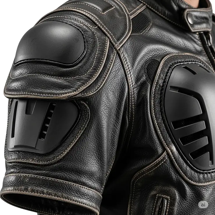 A close-up on the built-in elbow and shoulder armor of a short sleeve motorcycle jacket, detailing the protective features crucial for rider safety.