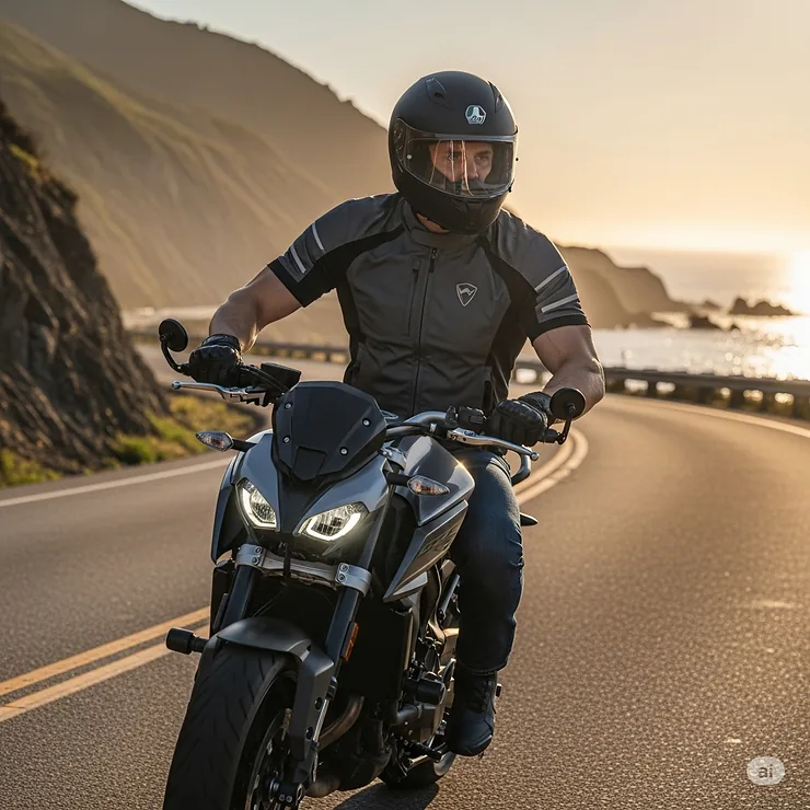 A dynamic action shot of a motorcyclist wearing a short sleeve motorcycle jacket while riding on a scenic road, demonstrating its comfortable fit and freedom of movement.