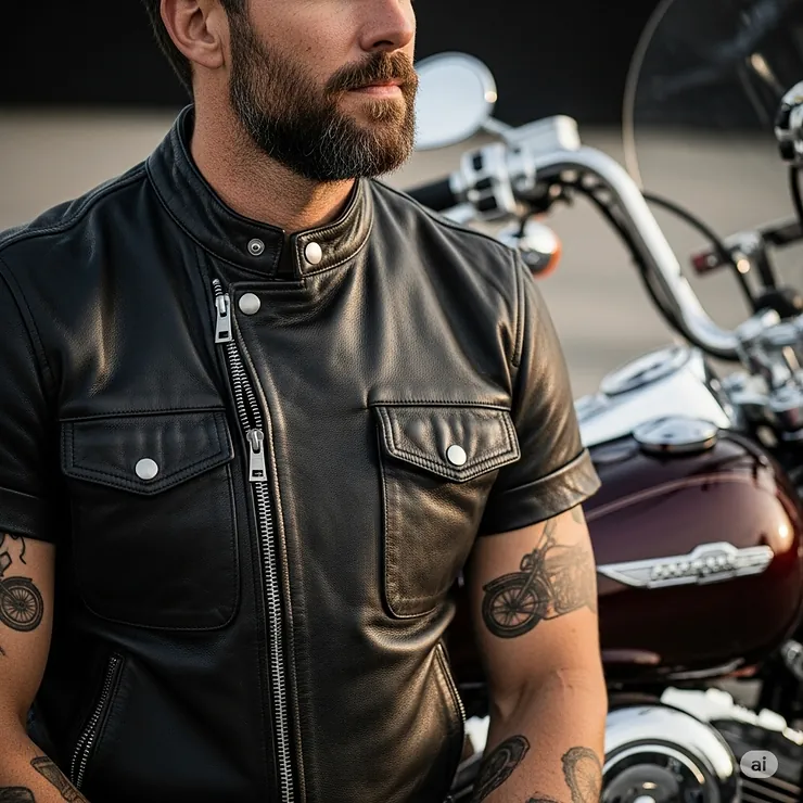A close-up shot of a rider wearing a black leather short sleeve motorcycle jacket, showing the jacket's durable material and unique sleeve design. The rider is standing next to a classic cruiser bike.