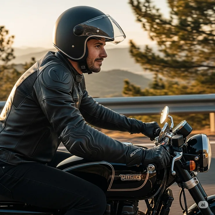 A side profile of a rider demonstrating the comfortable and protective fit of a new motorcycle armoured leather jacket, highlighting freedom of movement.