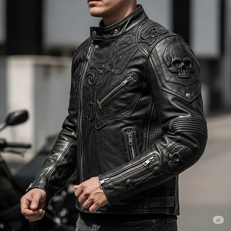 Side profile of a new skull leather motorcycle jacket, highlighting its comfortable fit and rugged style.