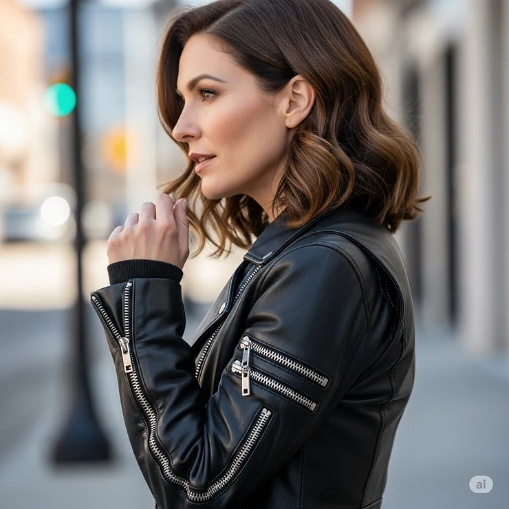 Side profile of a woman in a leather motorcycle jacket, showcasing the sleeve zippers.