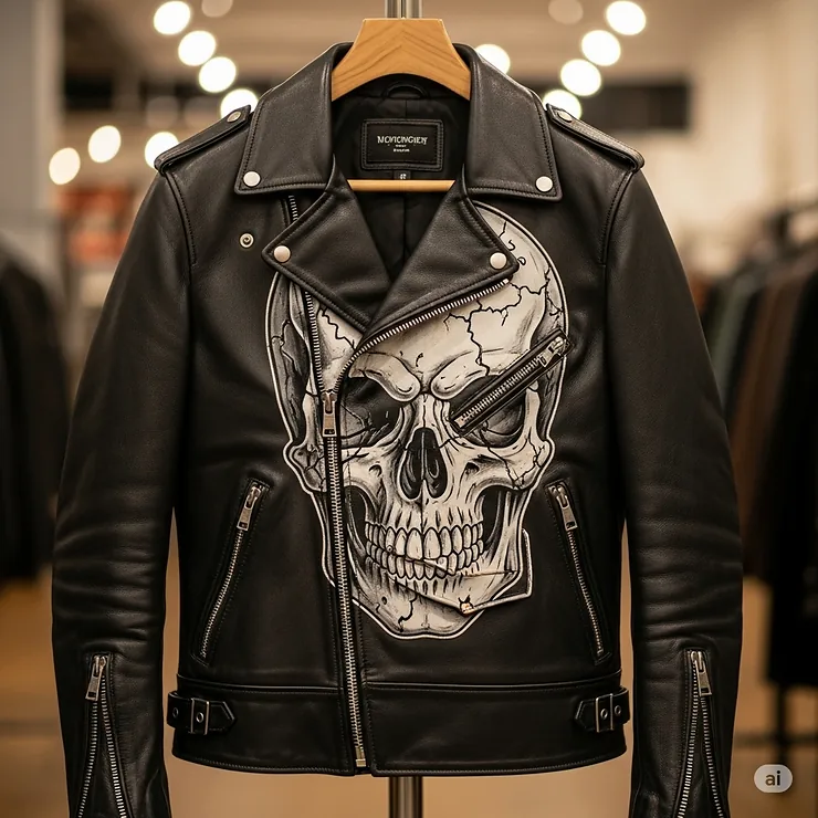 A classic black skull leather jacket hanging neatly on a wooden hanger, ready for purchase.