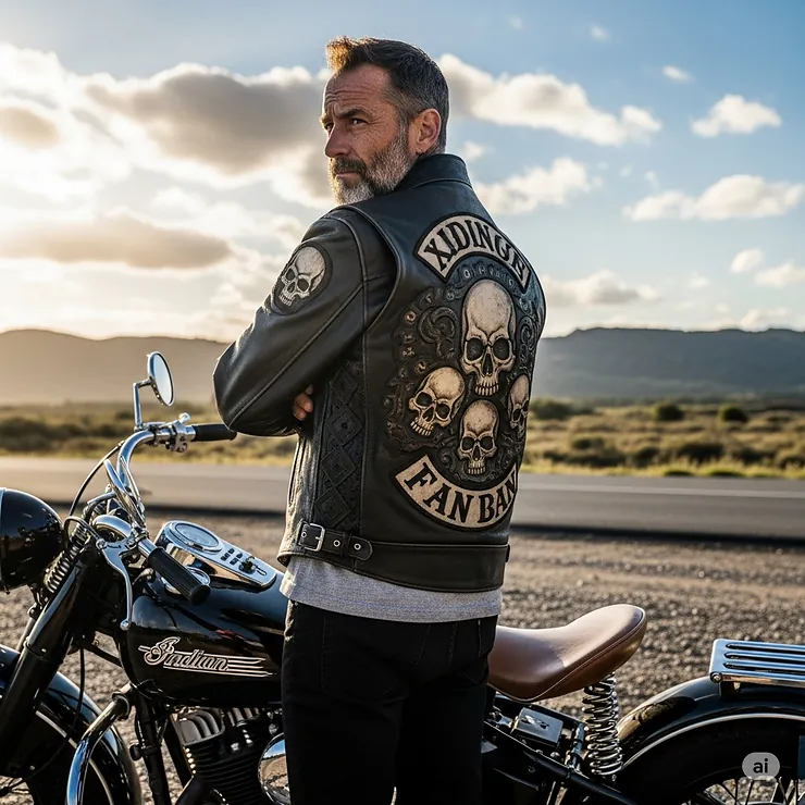 A rugged man wearing a custom skull leather motorcycle jacket, standing next to his vintage bike. The jacket features intricate skull embossing on the back. skull leather jackets motorcycle