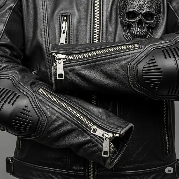 Detailed shot of the zippered cuffs and armored sleeves on a skull-adorned motorcycle jacket.