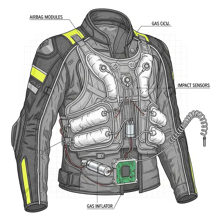 An illustration showing the internal components of an airbag system integrated within a modern sport bike jacket, ready to deploy upon impact.