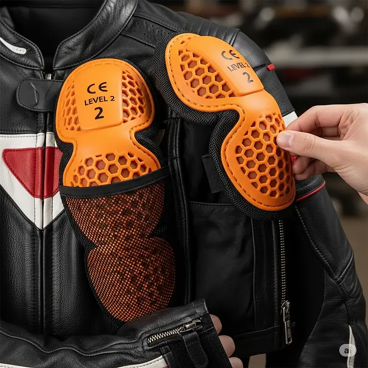 A detailed image of a CE-rated elbow and shoulder armor insert, pulled out from the interior pocket of a high-quality sport bike jacket.