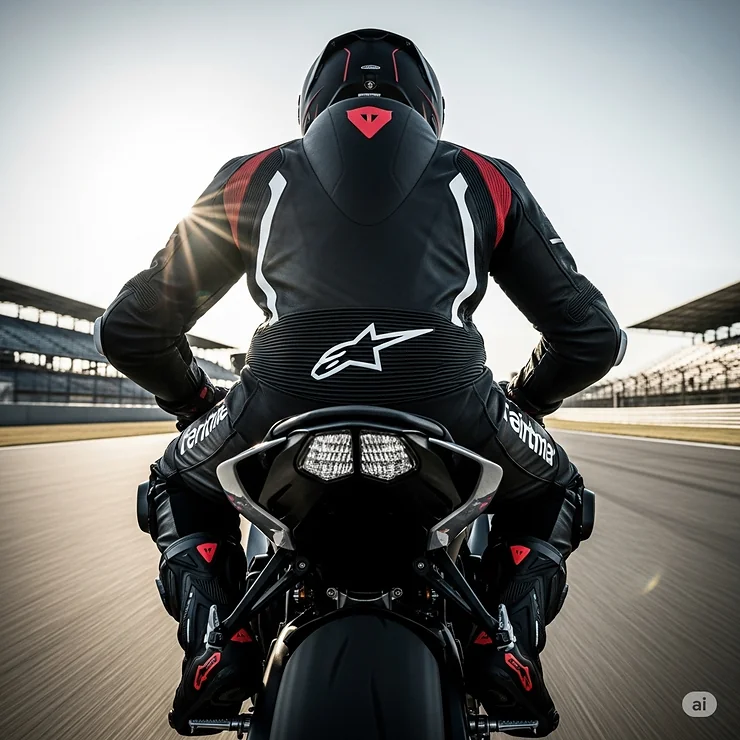 Back view of a rider in a dynamic pose, showing the aerodynamic hump and reflective elements on their sport bike motorcycle jacket.