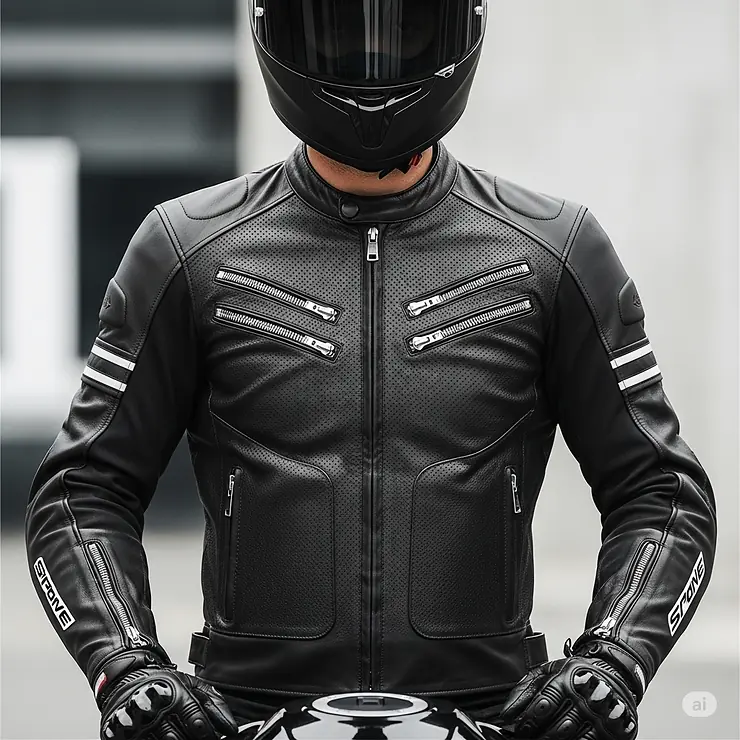 Front view of a rider modeling a perforated leather sport bike jacket, highlighting its ventilation zippers and secure fit.