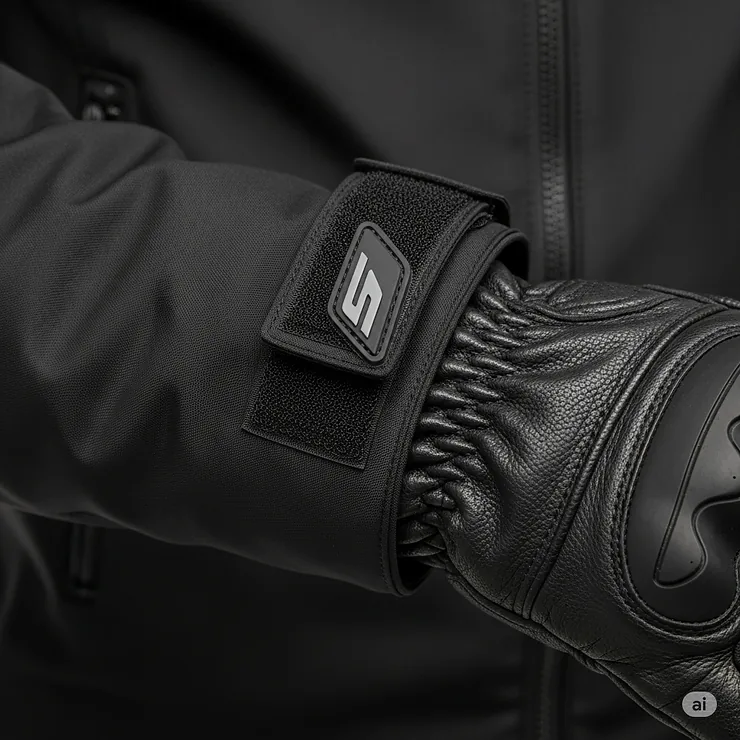 A shot of the adjustable wrist cuff and Velcro closure on a sport bike jacket, demonstrating how it securely connects with riding gloves.