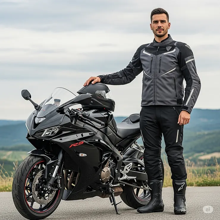 A rider standing next to their motorcycle, wearing a textile sport bike motorcycle jacket that's both waterproof and abrasion-resistant.