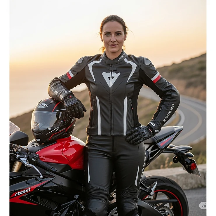 A woman rider confidently posing in a form-fitting sport bike jacket, specifically designed to provide a tailored and safe fit for female riders.