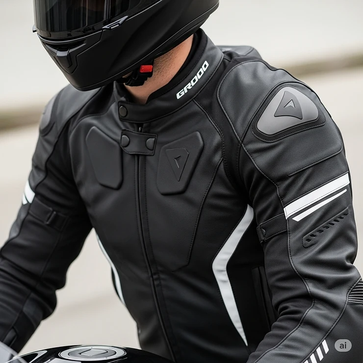 A close-up shot of a rider wearing a sleek, black sport bike motorcycle jacket with white accents, showcasing its aerodynamic design and protective features.