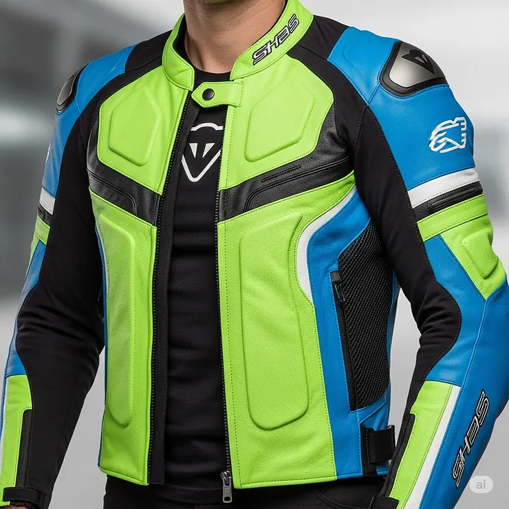 A brightly colored sport-style motorcycle jacket with aerodynamic features and a snug fit.