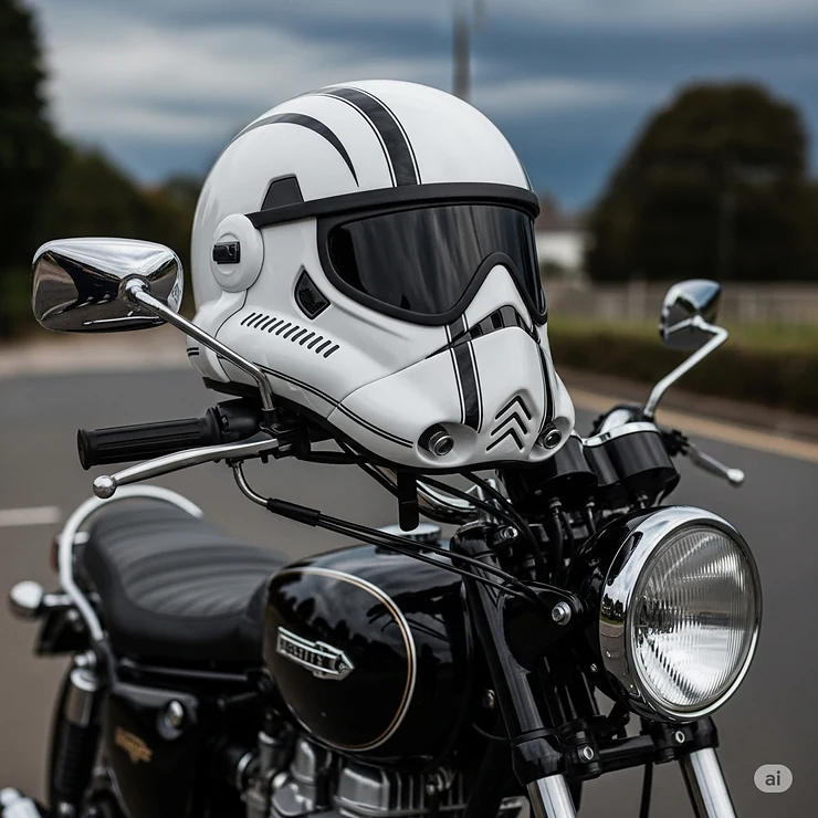 Stylish stormtrooper motorcycle helmet resting on the handlebars of a classic black motorcycle, ready for a ride.
