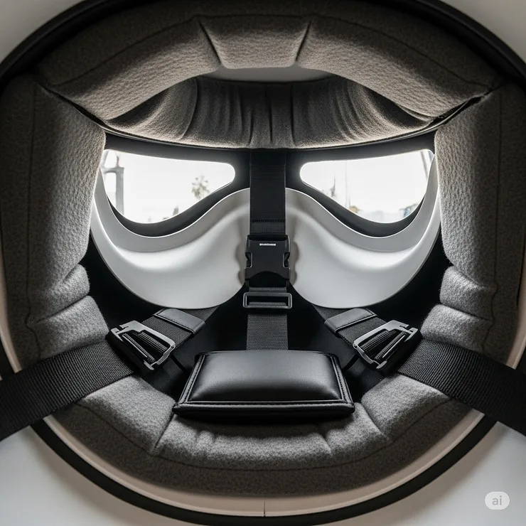 Interior view of a stormtrooper motorcycle helmet, revealing plush padding, comfortable lining, and chin strap for secure fit.