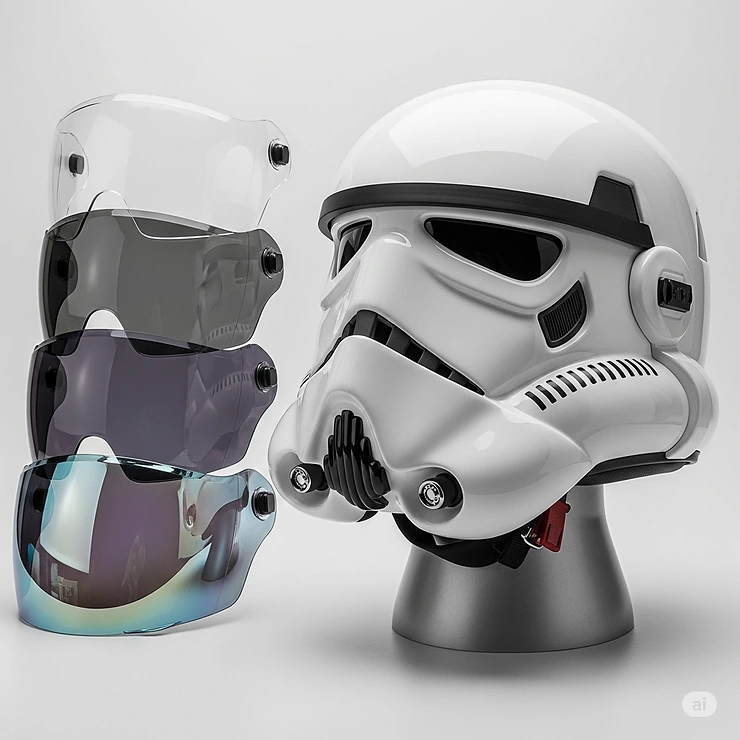 Stormtrooper motorcycle helmet displayed with interchangeable visor options, including clear, tinted, and mirrored finishes.