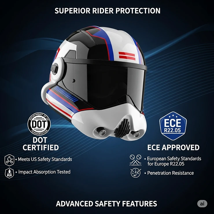 Infographic highlighting the safety certifications (DOT, ECE) of a stormtrooper motorcycle helmet, emphasizing rider protection.