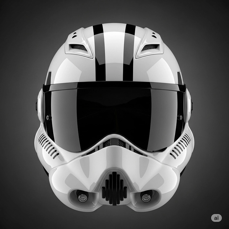 Front view of a stormtrooper motorcycle helmet, highlighting its unique design, ventilation system, and dark, protective visor.