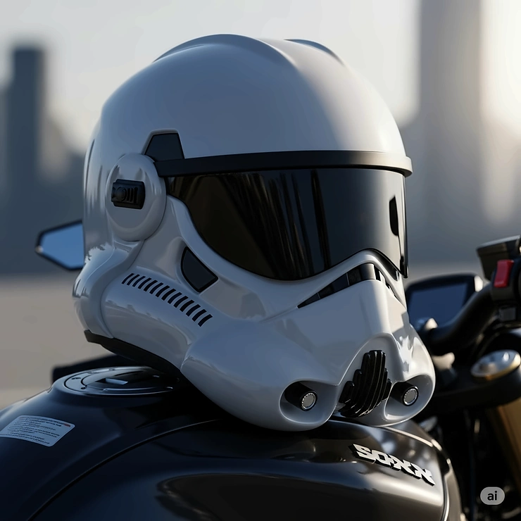 Close-up of a sleek, white stormtrooper motorcycle helmet with a dark visor, sitting on a black leather seat, ready for the open road.