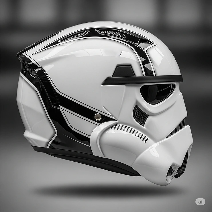 Side profile of a stormtrooper motorcycle helmet, showcasing its aerodynamic shape and custom white and black finish.