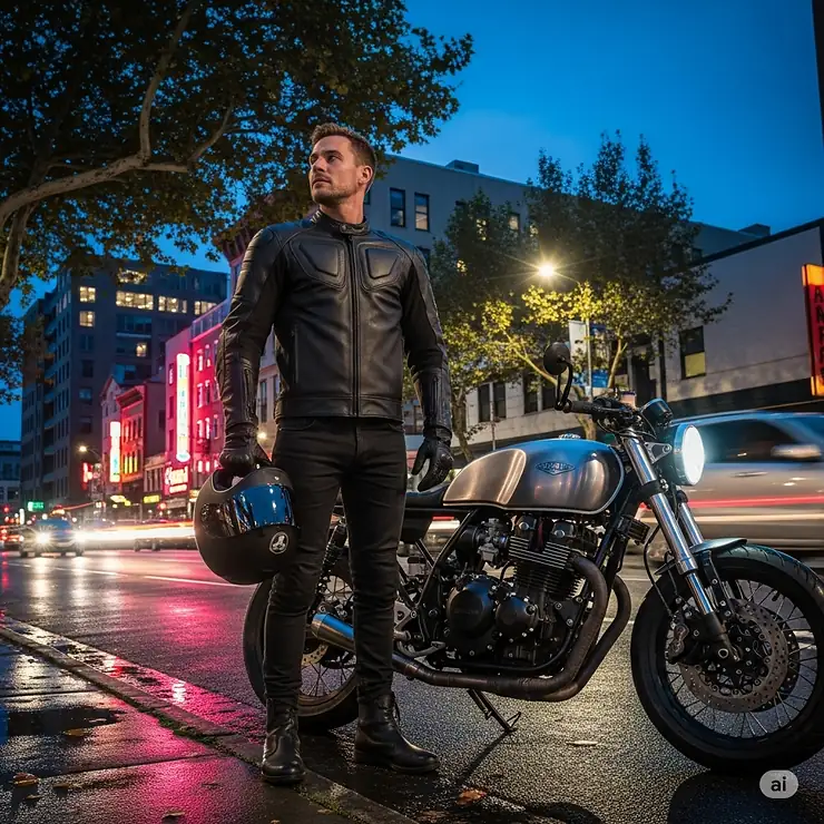 A sleek, modern black leather street legal motorcycle jacket with full armor, seen on a rider standing next to their cafe racer on a city street.