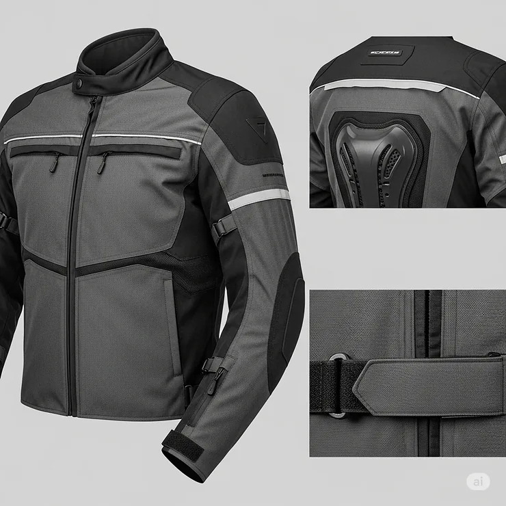 A modern textile biker jacket with armor inserts and reflective piping, highlighting the safety features and materials available in different types of motorcycle jackets.