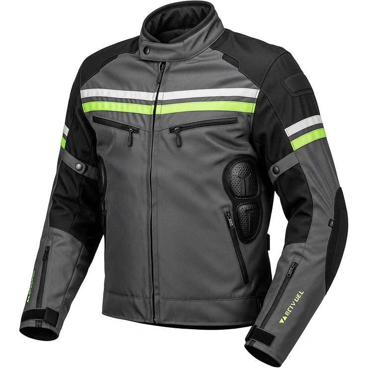 A modern textile motorcycle jacket with high-visibility accents and protective armor inserts.