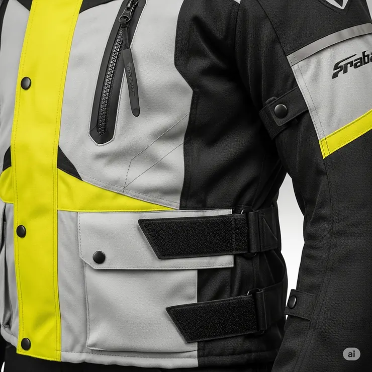 The jacket from a textile two-piece motorcycle suit, showing adjustable waist straps and a waterproof zipper.