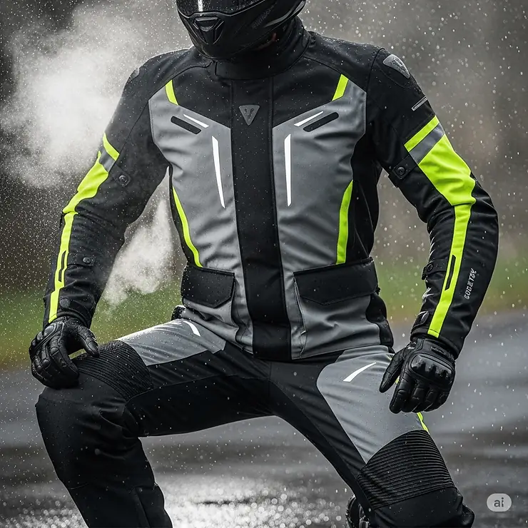 A modern textile full motorcycle suit, showcasing its waterproof and breathable features for all-weather riding.