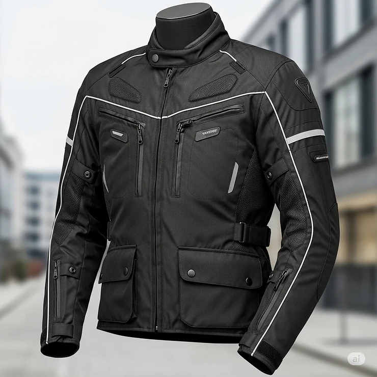 A stylish textile street legal motorcycle jacket with reflective piping, waterproof zippers, and multiple vents for airflow.
